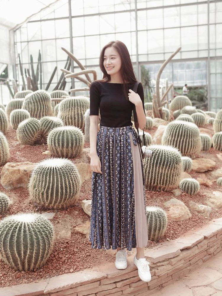 Женская юбка Повседневная синяя Цветочная клетчатая длинная 2019 Весна Лето Новая