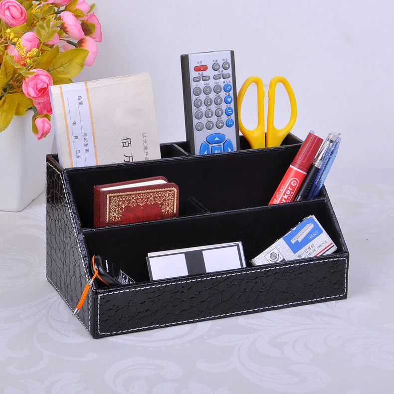 

home office 5-slot wood leather desktop stationery pen pencil holder organizer store box case office accessories croco black203C
