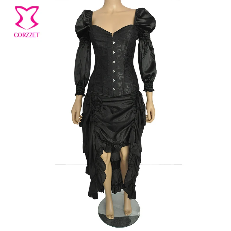 Corzzet Women Victorian Long Sleeve Steel Boned Corset And Skirts Burlesque Costume Dress Set Steampunk Corset Dress