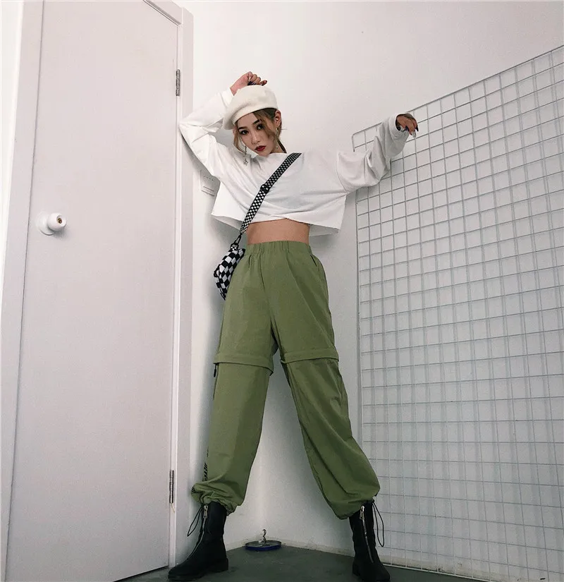 Новая Корейская уличная женская одежда Harajuku Ulzzang с буквенным принтом на молнии, свободные брюки-карго с высокой талией