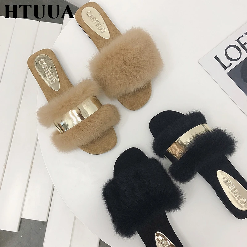HTUUA женские тапочки модные шлепанцы на плоской подошве с металлическими
