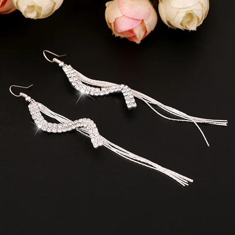 Женщины S Формы Strand Серьги Кристалл Rhinestone Кисточкой Винтаж Свадьбу Серебряные