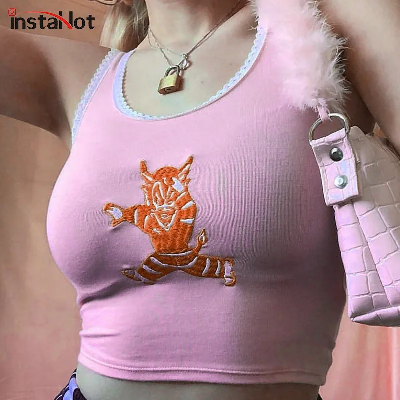 InstaHot розовый монстр Вышивка Топы для женщин мода уличная цветочный укороченный топ без рукавов обтягивающие сексуальные футболки лето