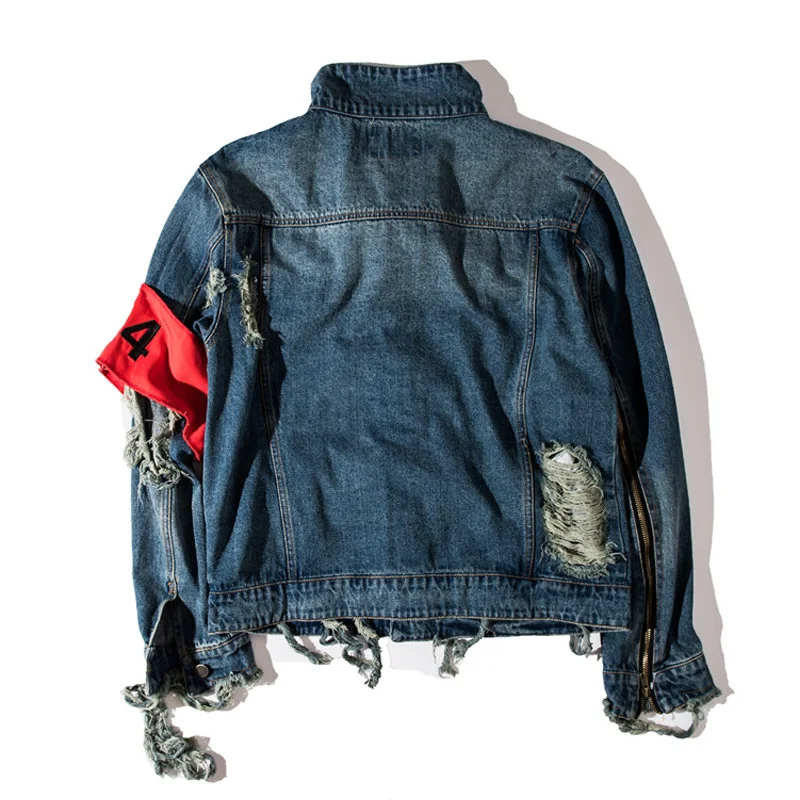 Мужская джинсовая куртка на молнии с потертостями в стиле панк винтажная