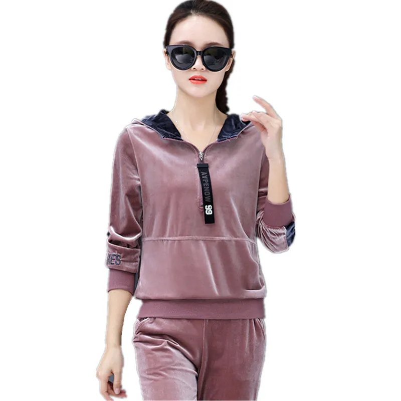 

Зимний Высококачественный бархатный костюм, Женская Повседневная Толстовка в стиле пэчворк + брюки, спортивная одежда, велюровый спортивны...