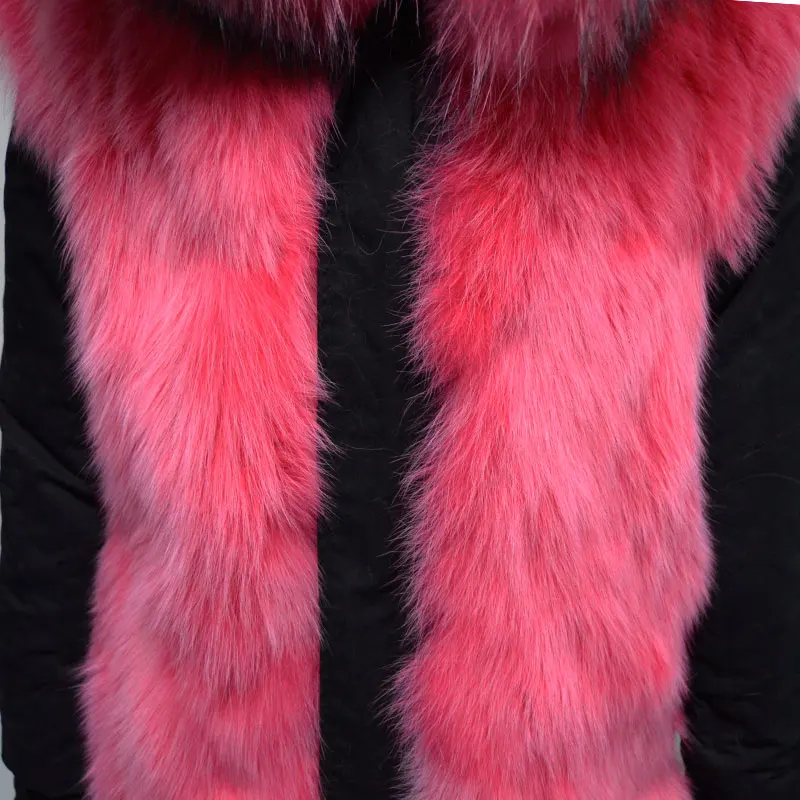 Длинная женская парка из кораллового лисьего меха с большим капюшоном енота