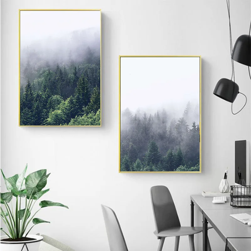 Минималистичные скандинавские туманные картины на холсте с зеленым лесом