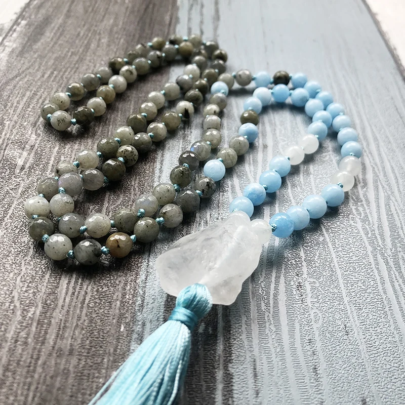 108 Mala Beads ювелирное изделие с узлом ожерелье необработанным кварцем Лабрадорит
