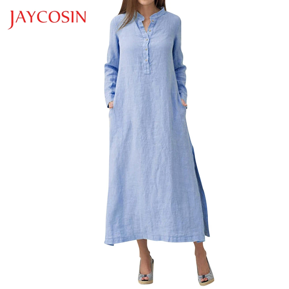 JAYCOSIN Kaftan однотонное Хлопковое платье макси с длинным рукавом для женщин