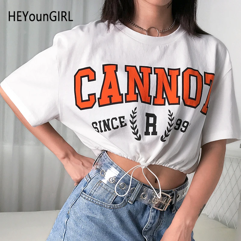 HEYounGIRL/футболка в Корейском стиле с принтом; женская Повседневная футболка с короткими рукавами; Милая футболка с кулиской; короткий летний топ