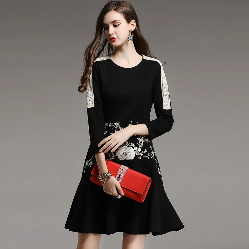 Осенние женские китайский стиль floral midi красный/черное платье Вышивка платья