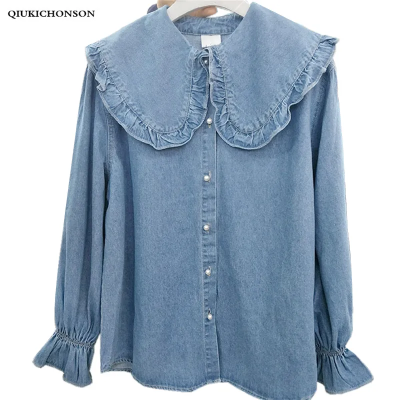 Корейская мода, свежий консервативный стиль, с оборками, большой воротник Питер Пэн, с длинным рукавом, джинсовая рубашка для женщин, кавайные топы, camisa, джинсы, feminina