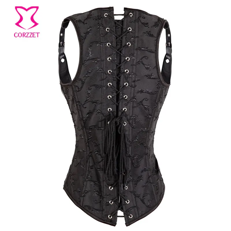 Викторианская готика Корсетная юбка платье Бурлеск Черный парча подгрудный