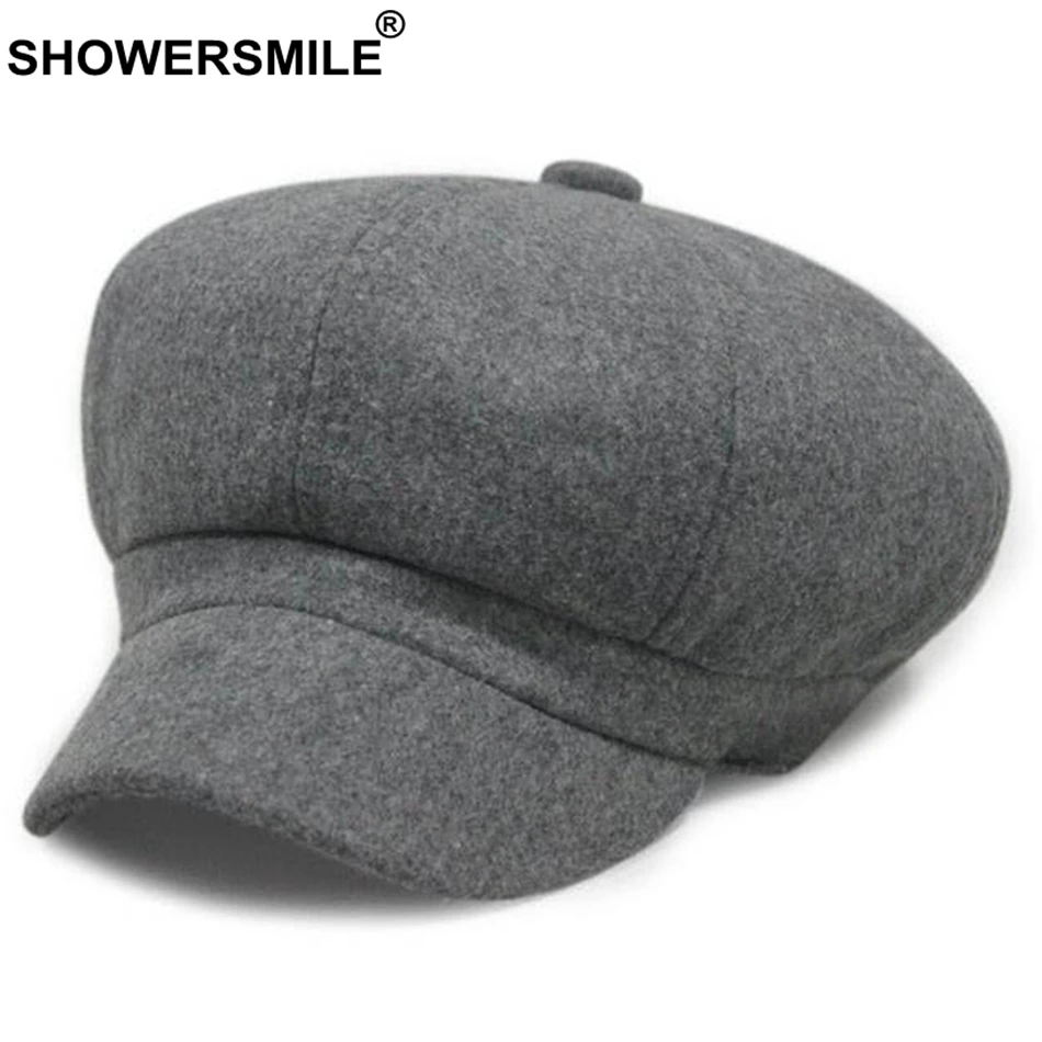 Dark Grey Hat SHOWERSMILE, красная Шерстяная кепка Newsboy, женская теплая винтажная восьмиугольная шапка, женская шапка в британском стиле, осенне-зимняя Кепка на плоской подошве, Новинка - Цвет: Dark Grey Hat