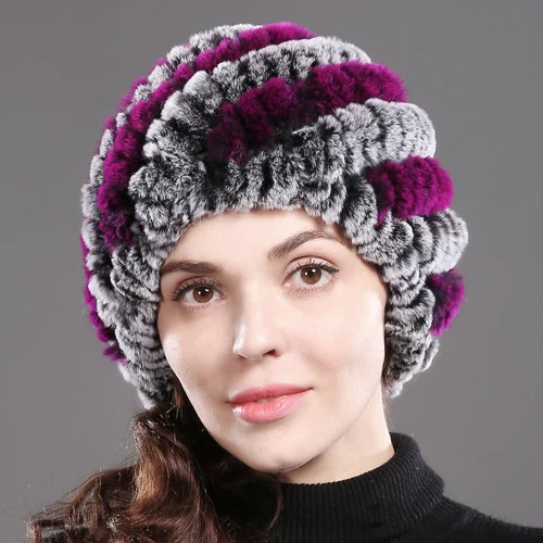 grey purple Хорошие эластичные трикотажные Настоящий мех кролика шапки бини шапки Шапки Для женщин с мехом кролика меховые шапочки шляпа натуральным шапки из меха кролика рекс - Цвет: grey purple