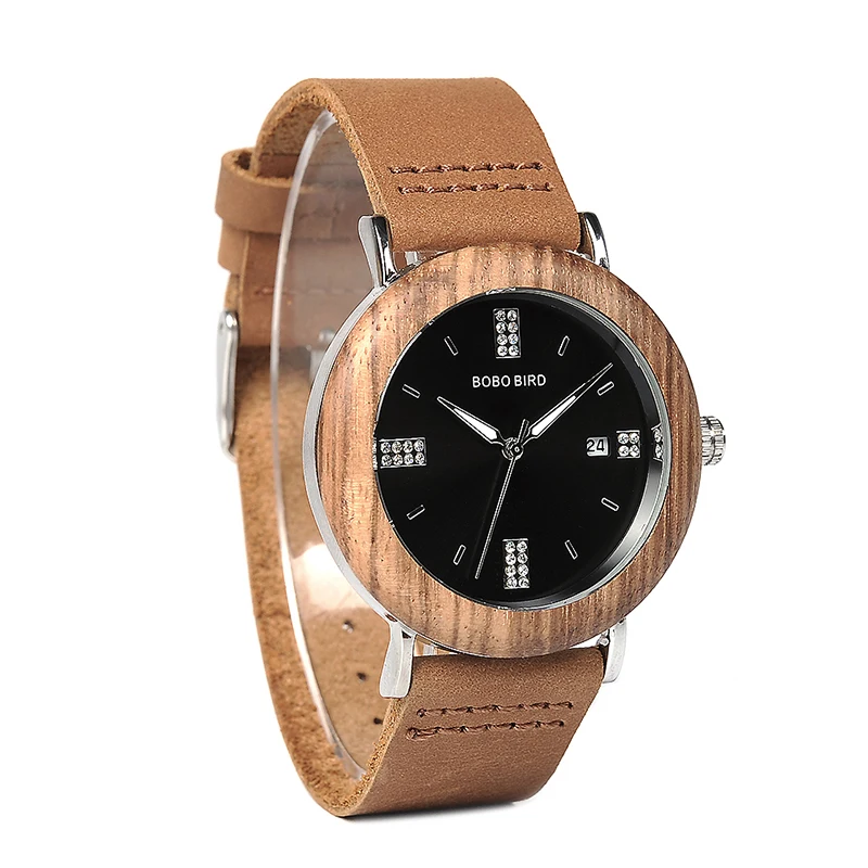 BOBO BIRD мужские часы с кристаллами деревянные стальные коричневым кожаным