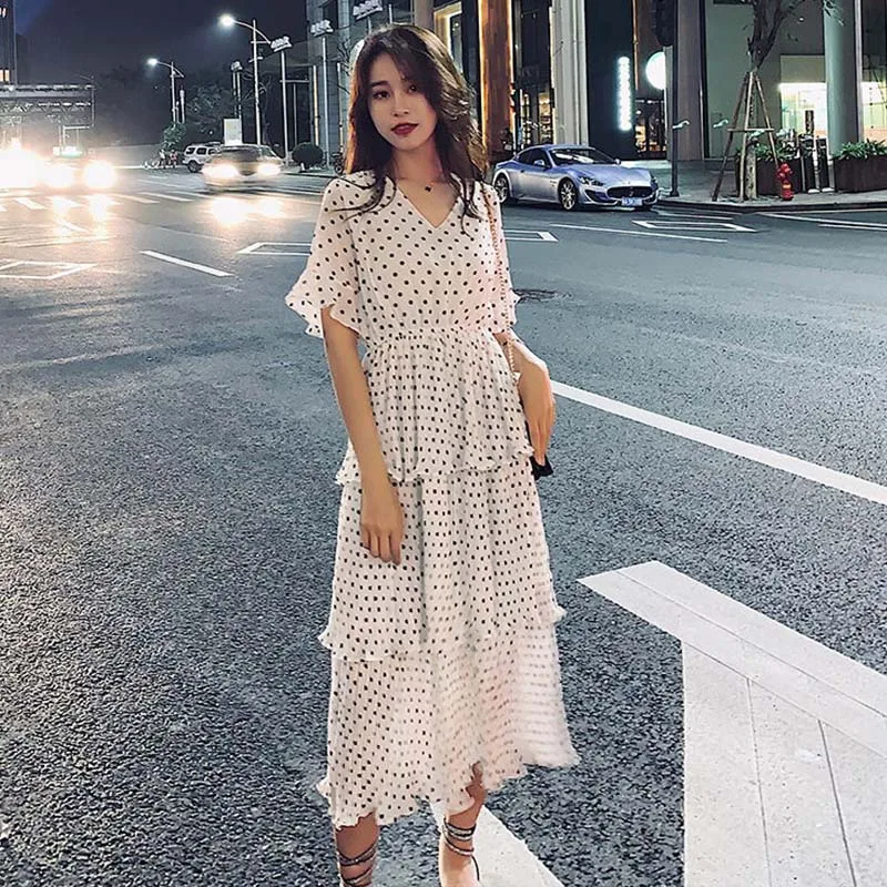 Лето 2019 г. для женщин платья Boho богемный с коротким рукавом и оборками Midi праздник