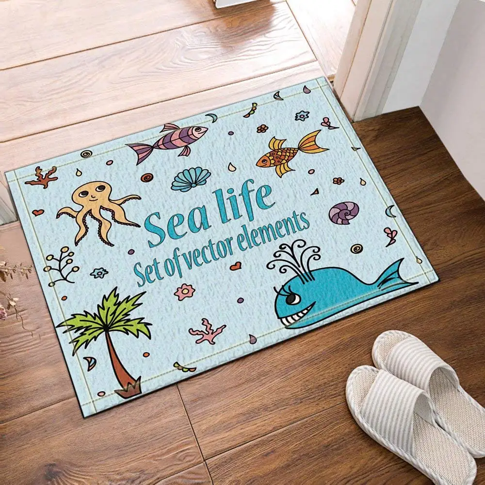 Sea Animals Decor Shells Whale Palm Tree Fishes Octopus and Coral Kids Bath Rugs Non-Slip Door Mat Bathroom | Дом и сад