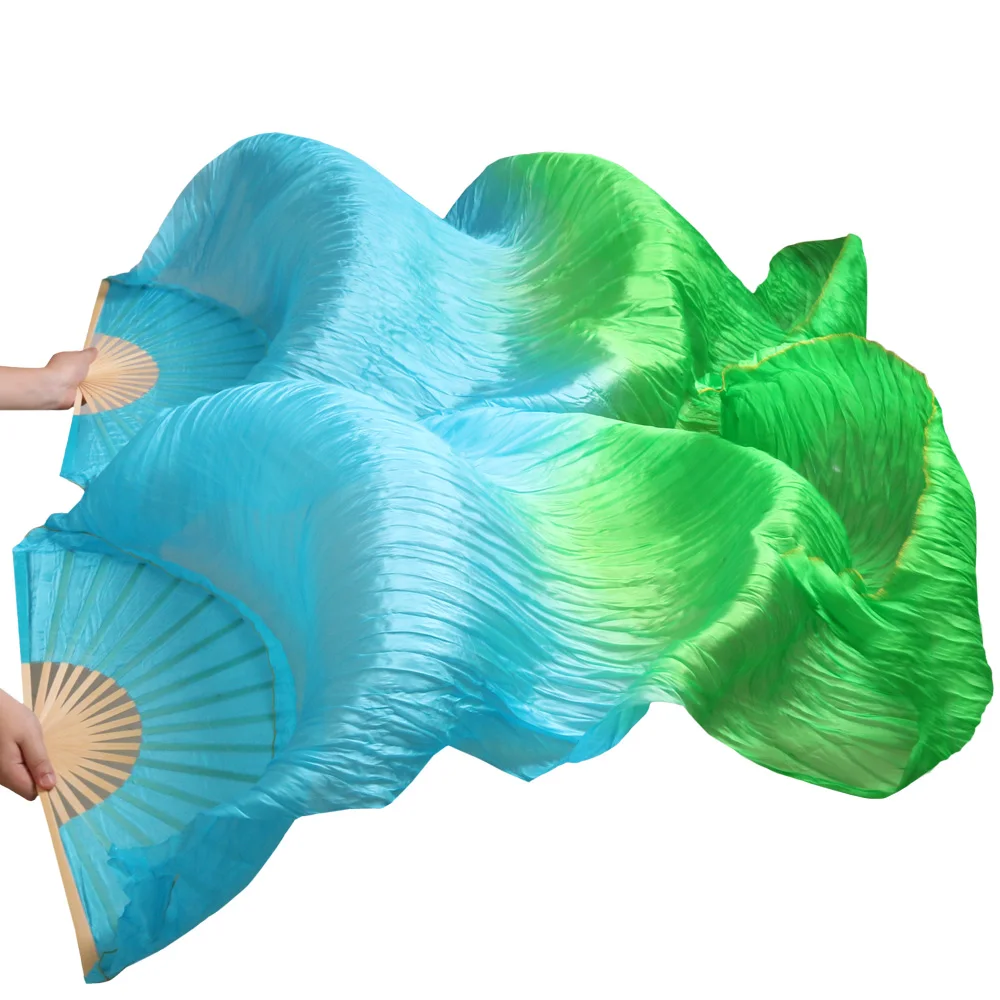 

100% Silk Handmade Dyed Fans High Quality Silk Belly Dance Fans 1 Pair Bamboo Ribs Belly Dance Long Fans Turquoise+Green 5 Sizes