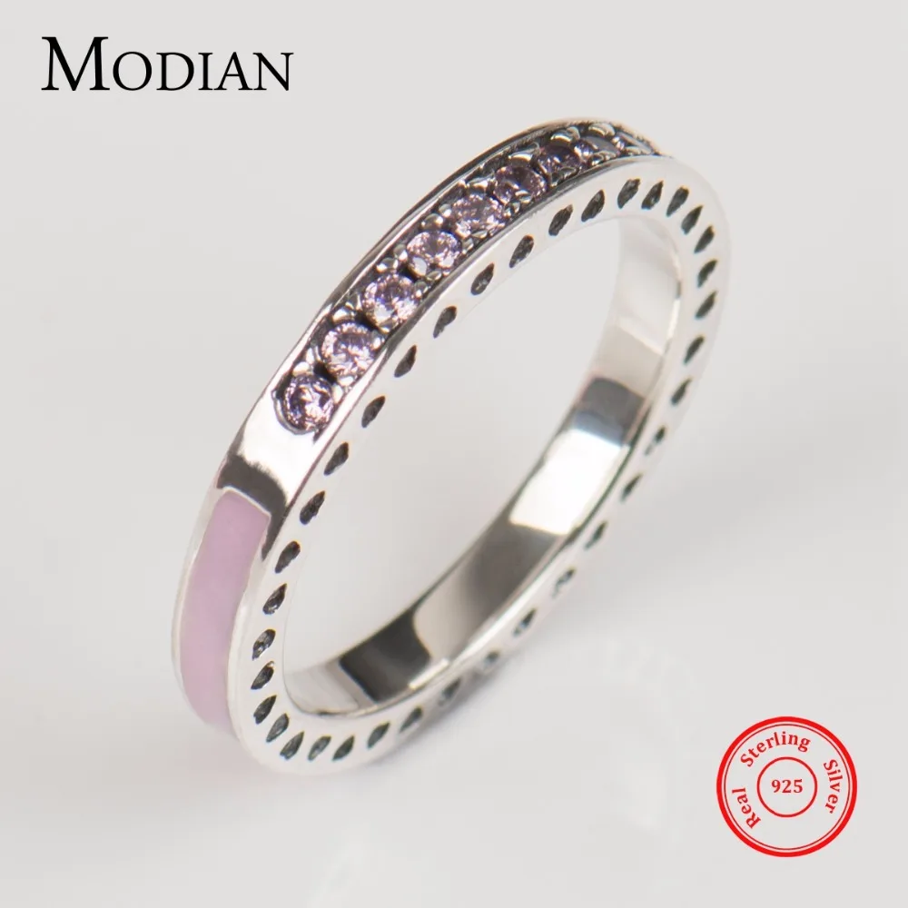 Modian 100% однотонные 925 серебро розовый циркония CZ Кольцо Романтический Сияющий
