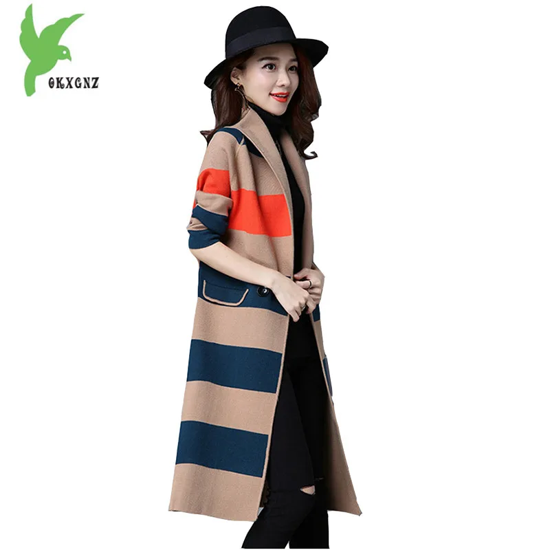 Женский трикотажный кардиган в полоску повседневный длинный свободного покроя