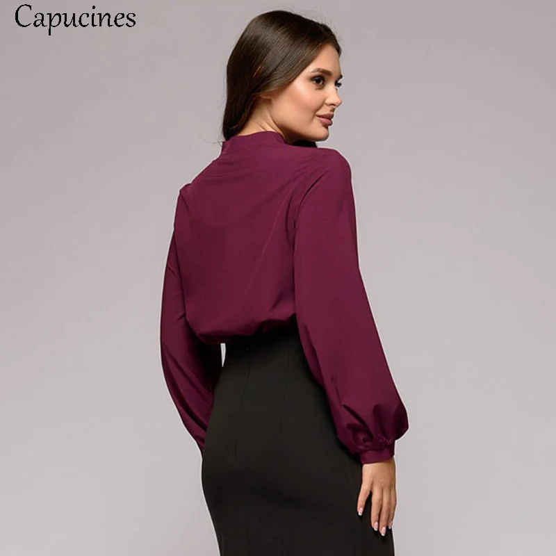 Capucines Ruched весенне-летние блузки, винтажные женские рубашки со стоячим воротником, элегантные женские однотонные рубашки с длинным рукавом, повседневные топы