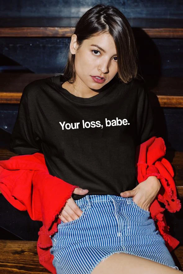 Черные футболки с надписью Your Loss Babe модные трендовые Tumblr цитатами для девочек 90s