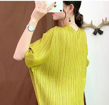 Miyake fold платье с v-образным вырезом летнее Новое свободное платье плюс размер рукав летучая мышь Плиссированное женское платье sanzhai
