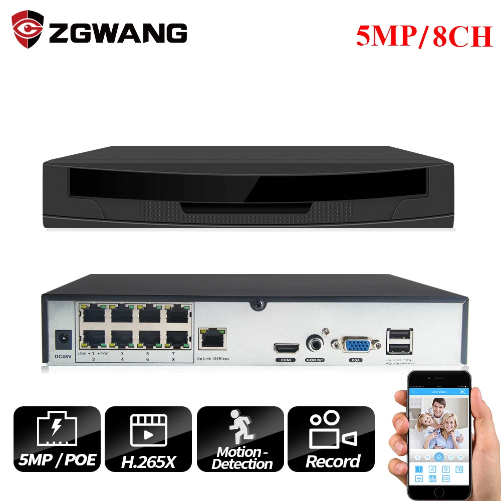 ZGWANG 8 канальный сетевой видеорегистратор 5MP 4MP H.265X с поддержкой POE NVR P2P ONVIF HD IP