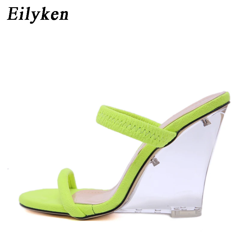 Green Eilyken/Коллекция года; модные босоножки на танкетке и высоком каблуке; пикантные Босоножки с открытым носком на прозрачном каблуке; женские вечерние шлепанцы - Цвет: Green
