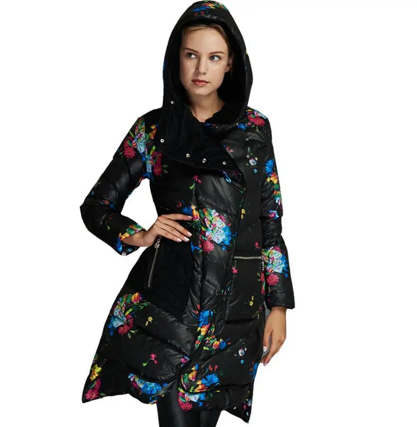 Abrigos Chaquetas Mujer Invierno зимняя женская куртка с цветочным принтом, белая парка на утином пуху, Женская куртка, зимнее пальто W444 - Цвет: 2