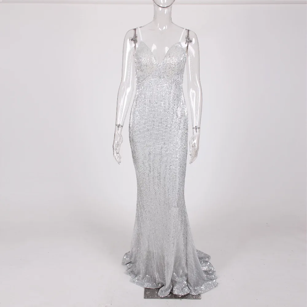 Вечернее платье с v образным вырезом расшитое блестками открытой спиной