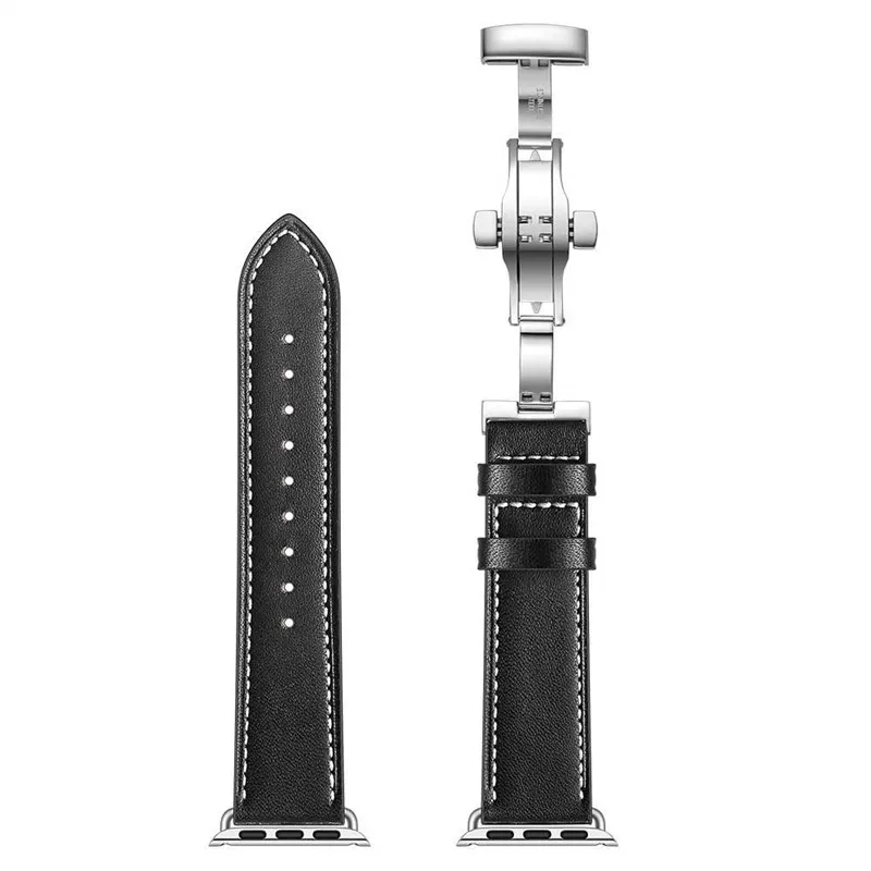 black Для Apple Watch Band 38 мм/40 мм/42 мм/44 мм пояса из натуральной кожи полосы петли Ремешок Браслет Бабочка Пряжка для iWatch 4/3/2/1 - Цвет ремешка: black