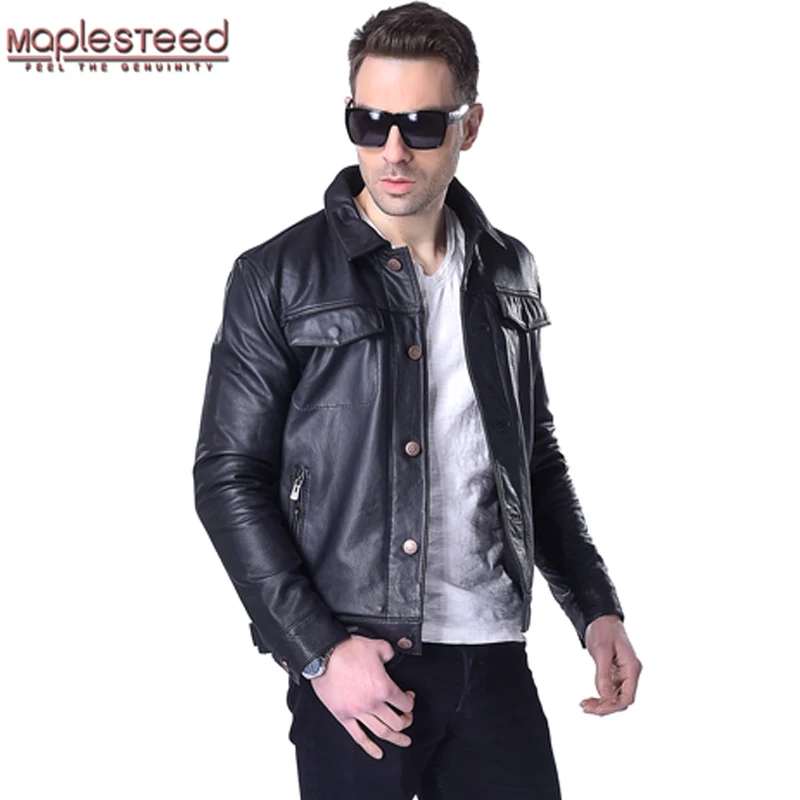Мужская кожаная куртка бомбер MAPLESTEED черная Толстая байкерская из натуральной