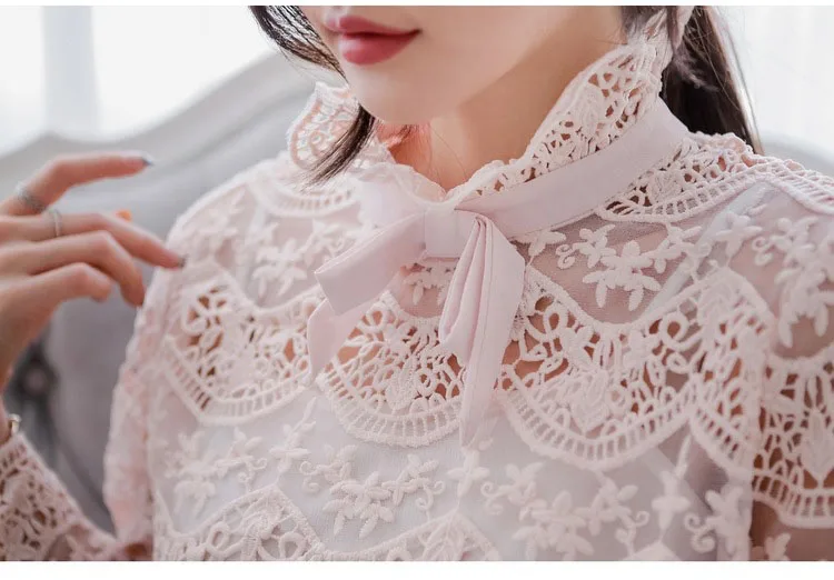 Осенне-весенняя женская Милая кружевная блузка рубашка с высоким воротом