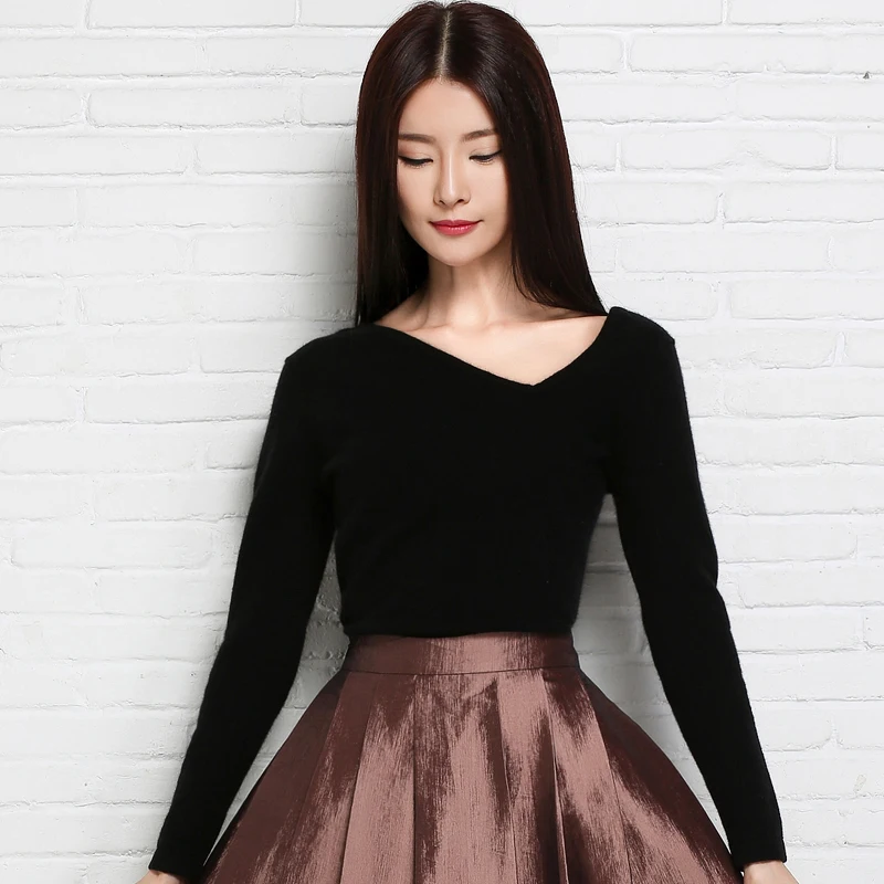 JECH 2018 Spring Women Cashmere Wool Solid Slim Sexy Sweaters Female V-Neck Irregular Collar Pullovers Computer Knitted Jumpers | Женская