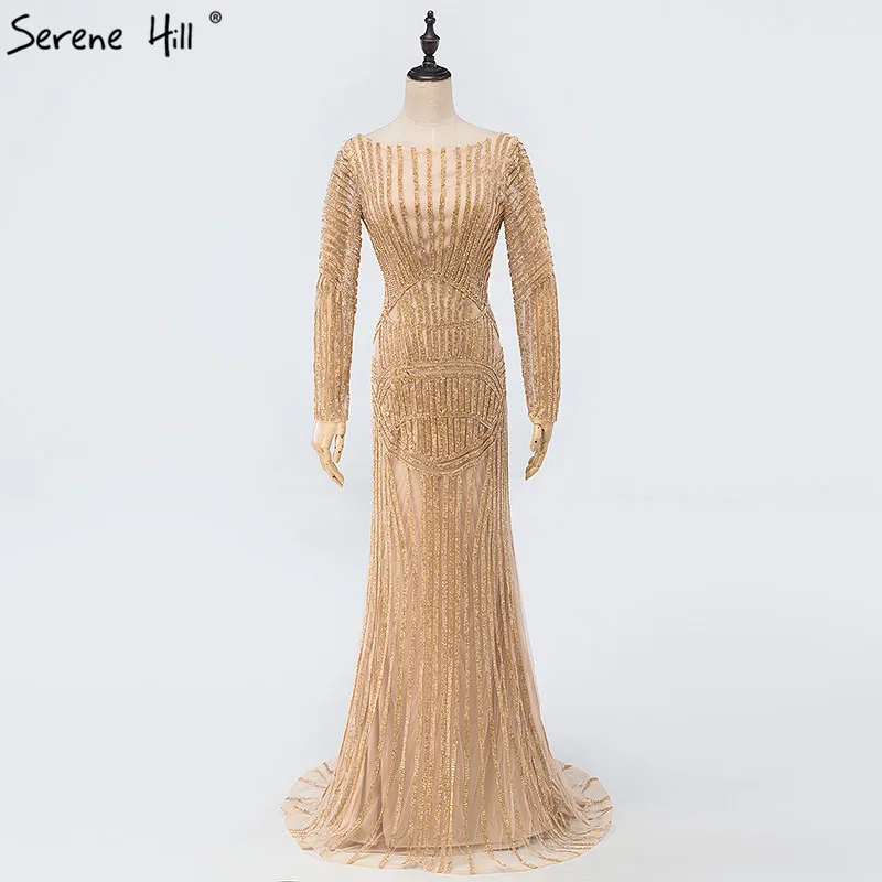 Sexy Gold Nude Mermaid Diamond Evening Dress Long Sleeves Luxury Gowns 2021 Serene Hill LA6015 | Свадьбы и торжества