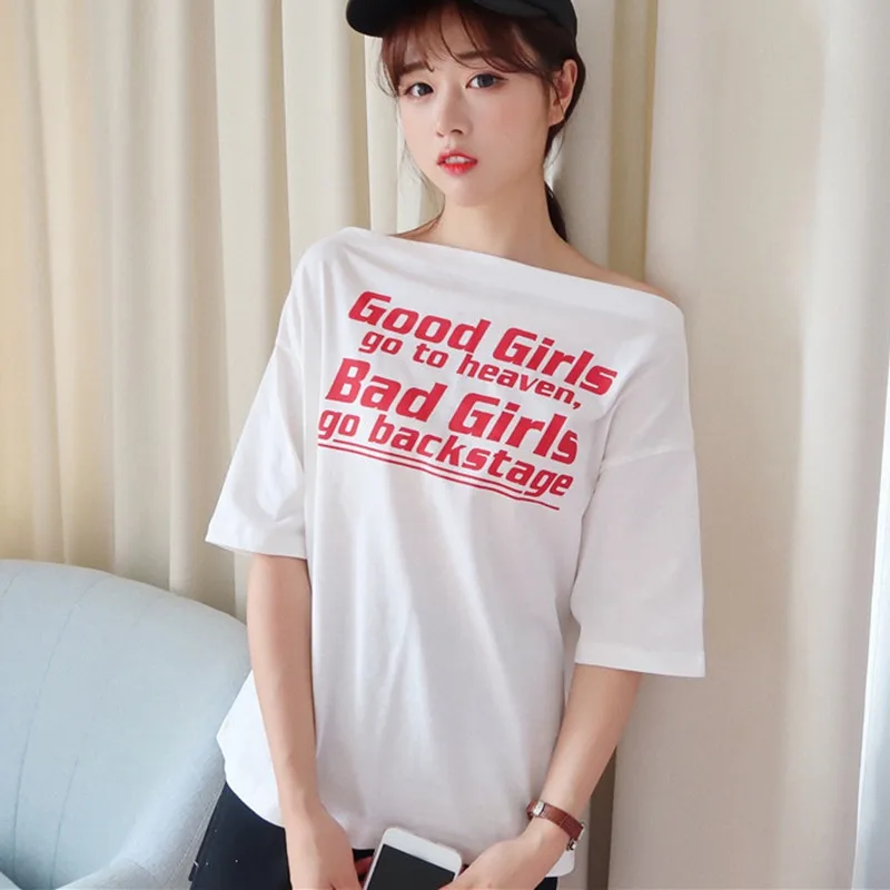 

Women T shirt Letter Printing Top Tee Casual Half Sleeve Slash Neck Women Clothing