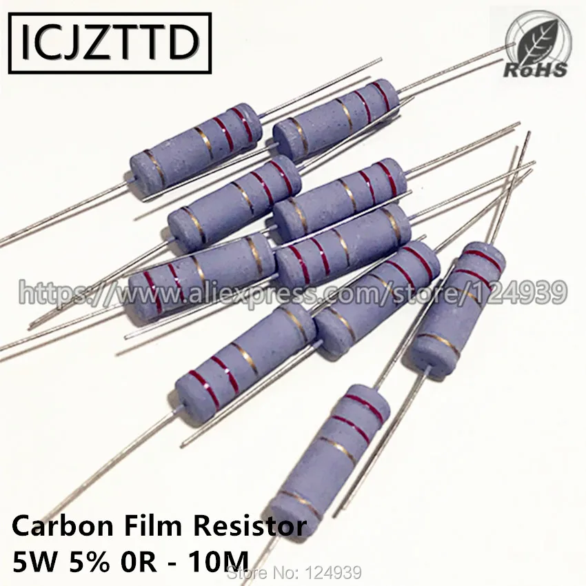 

100 шт./пакет 5w 5% 5W карбоновый пленочный резистор 5% 0R 1R 1.2R 1.5R 1.8R 2R 2.2R 2.4R 2.7R 3R 3.6R 3.9R 4.3R 4.7R 5.1R 5.6R 6.2R