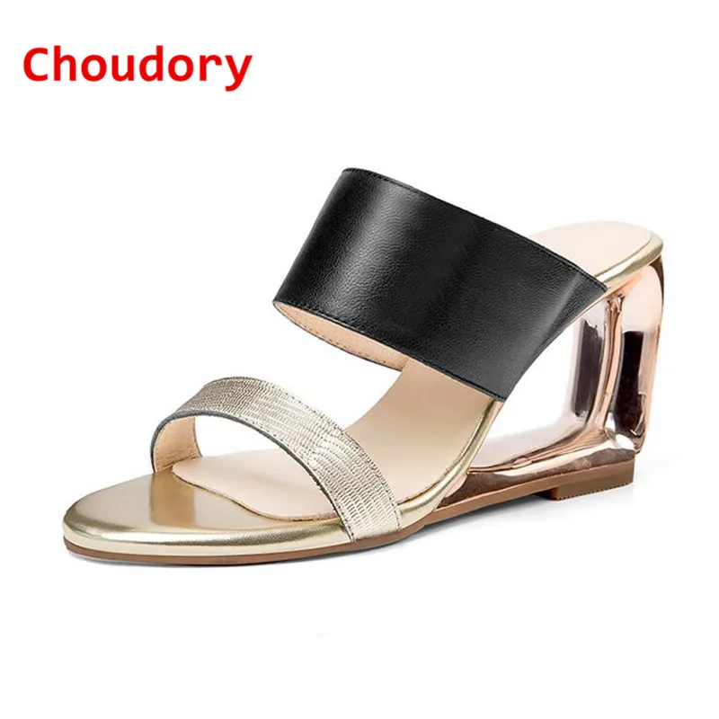 Choudory скольжения на туфли женщина летние новые высокие каблуки клинья slip on flips