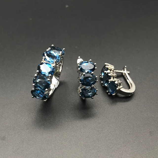 Natural blue topaz gemstone - Jewelry set - rings and earrings 4