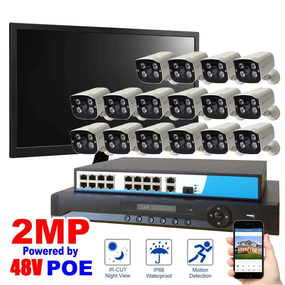 16CH система безопасности 1080P POE камера 17' ЖК дисплей + NVR PoE коммутатор 2MP IP ночного
