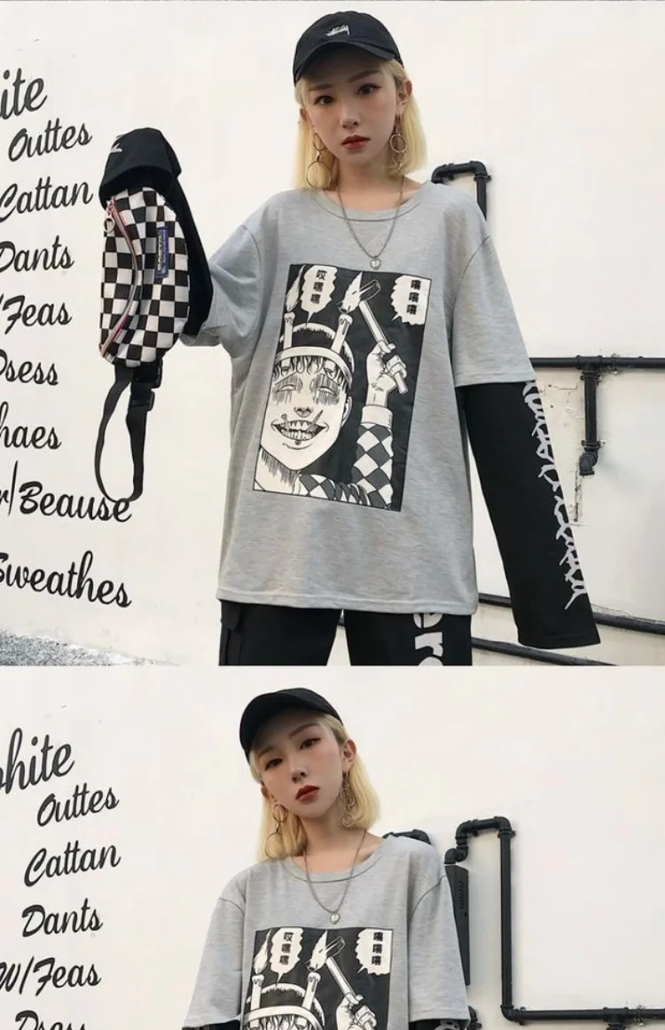 Модная футболка Femme Harajuku Street Horror, футболка с длинными рукавами и принтом комиксов, женская одежда, корейский женский топ Ulzzang