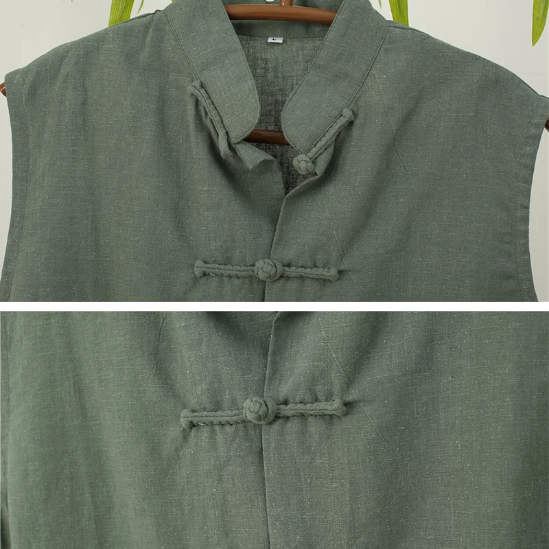 LZJN Men's Summer Waistcoat Chinese Style Vintage Breathable Linen Button Down Kung Fu Shirt Sleeveless Vest Jacket