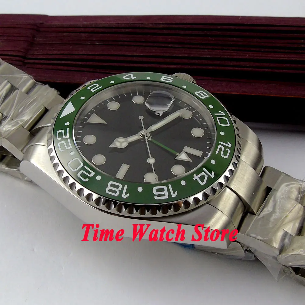 Мужские часы Bliger 43 мм черный стерильный циферблат зеленая керамическая рамка