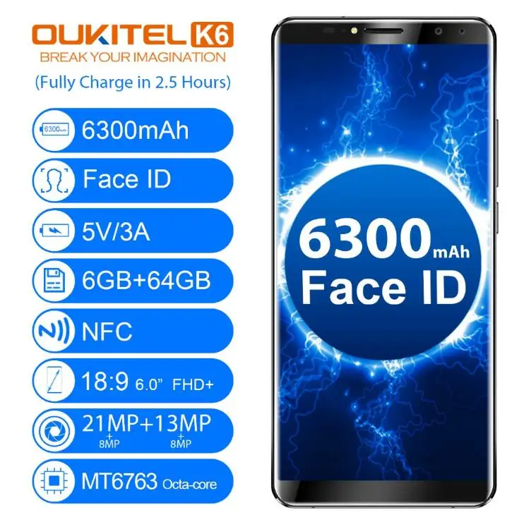 OUKITEL K6 Face ID Helio P23 6 0 "дюймовый 18:9 FHD MT6763 Octa Core мобильный телефон 21MP 4 Камера Android 7 1