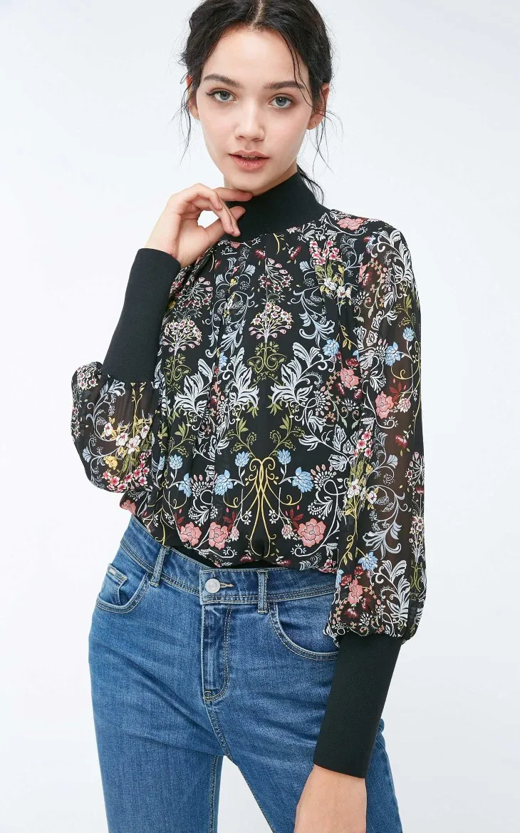 Vero Moda новые женские сплайсированные цветочные печати плиссированные с длинными рукавами Шифоновые Топы | 318351501