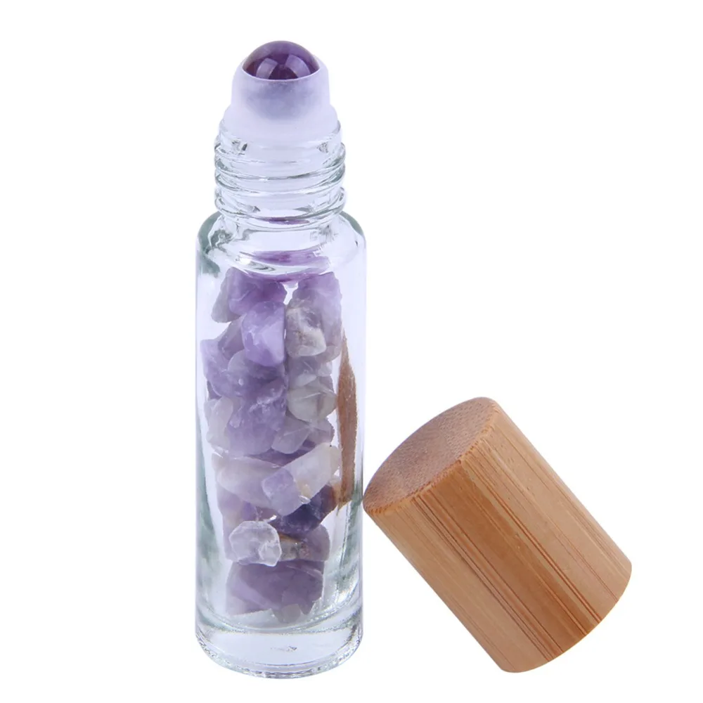 1pc Natural Semiprecious Stones Essential Oil Roller Ball Bottles 10ml Clear Glass With Bamboo Lid Caps Crystal Chips Inside | Дом и сад