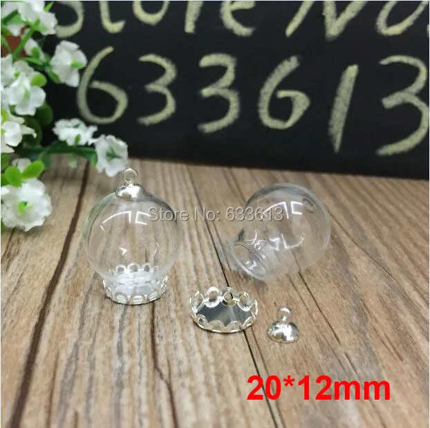 

Freeshipping 20sets/lot 20*12mm Glass globe &silver lace base&6mm cap connector &70cm necklace Set DIY Glass Vial Bottle Jewelry