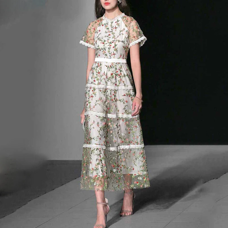 Летнее элегантное платье с вышивкой для женщин круглым вырезом коротким рукавом